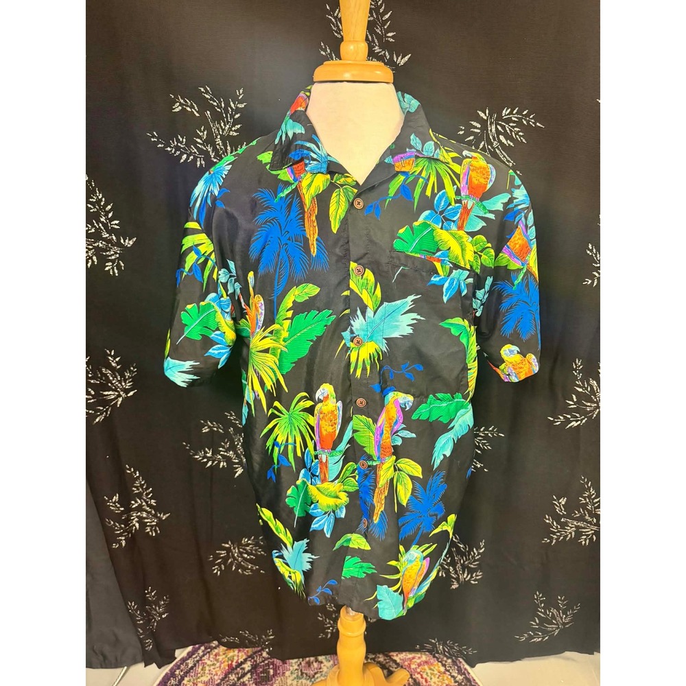 Vintage Parrot Tropical Hawaiian Shirt Mens Large Black Neon Jungle Palm Tree